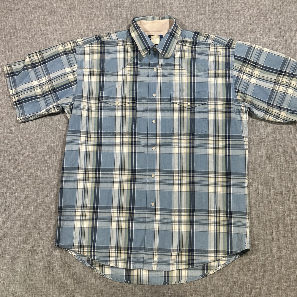 Vintage Wrangler Men's Large Blue Plaid Short Sleeve Western Pearl Snap Shirt